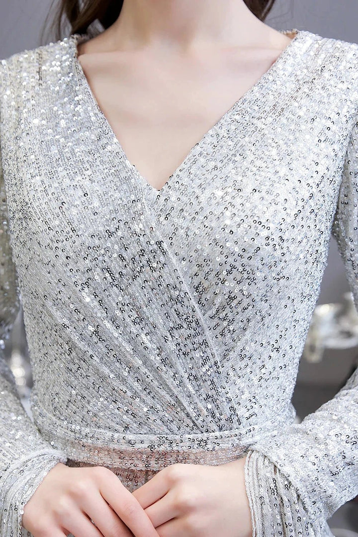 Gorgeous Sequins Long Sleeve V-Neck Mermaid Evening Gowns by BIZTUNNEL