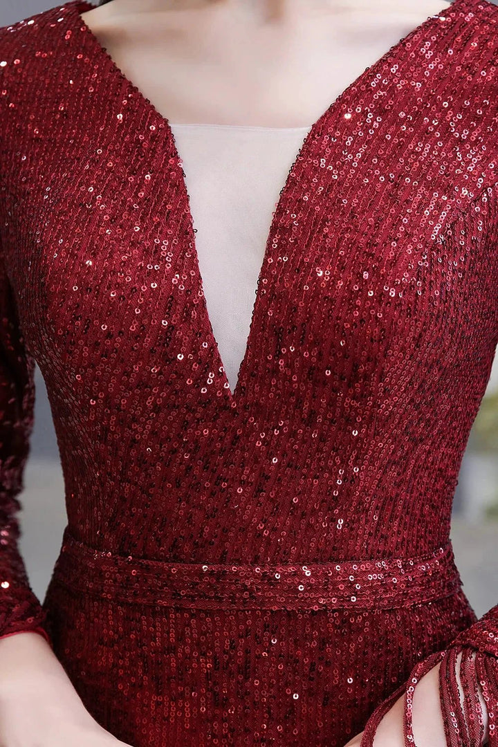 Gorgeous Sequins Long Sleeve V-Neck Mermaid Evening Gowns by BIZTUNNEL