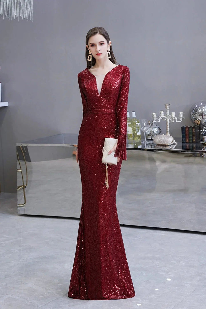 Gorgeous Sequins Long Sleeve V-Neck Mermaid Evening Gowns by BIZTUNNEL