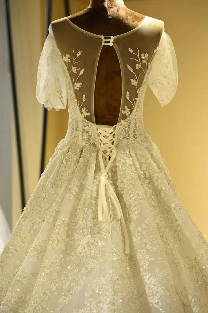 Gorgeous Short Sleeve Lace Tulle Princess Ivory Wedding Dress by misshow.com