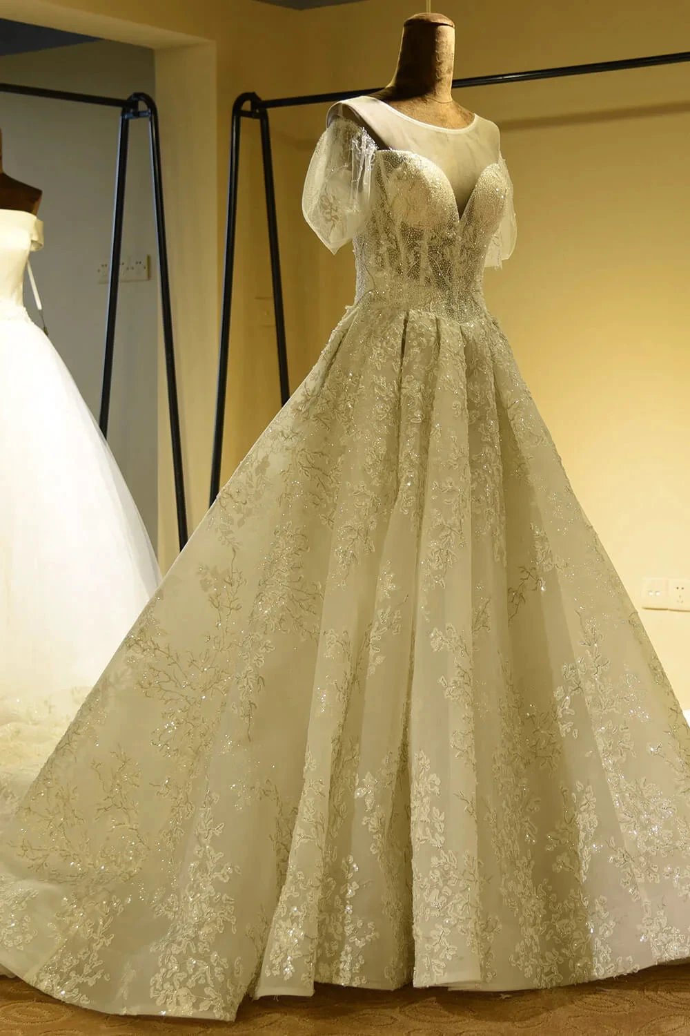 Gorgeous Short Sleeve Lace Tulle Princess Ivory Wedding Dress by misshow.com