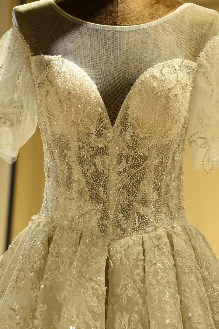 Gorgeous Short Sleeve Lace Tulle Princess Ivory Wedding Dress by misshow.com