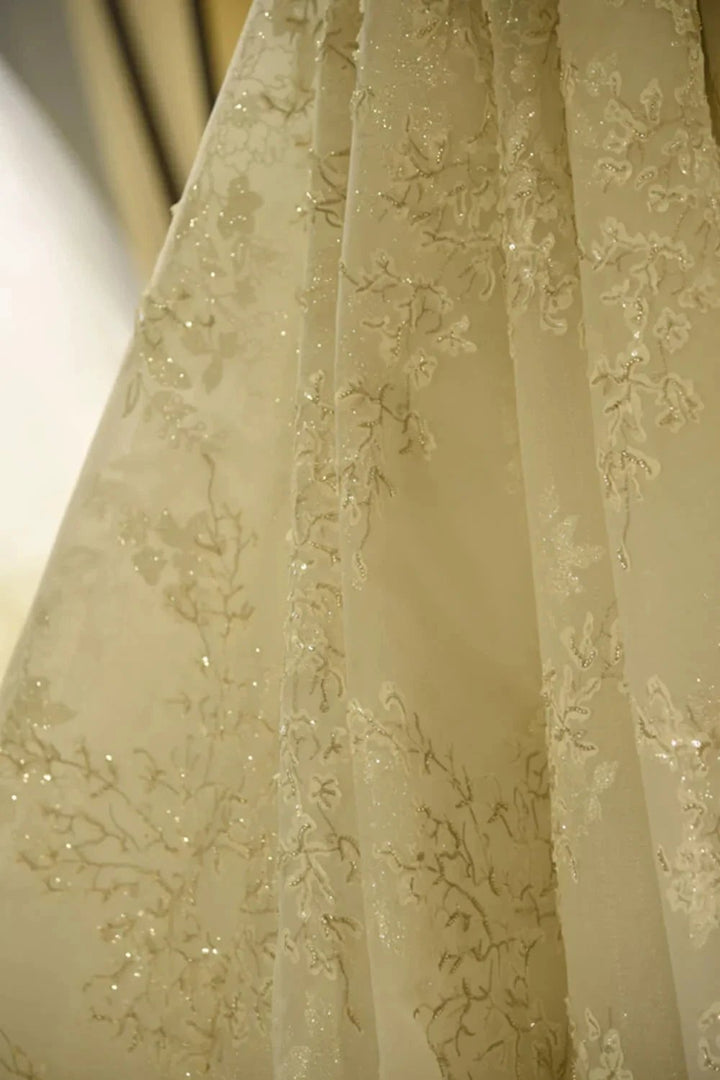 Gorgeous Short Sleeve Lace Tulle Princess Ivory Wedding Dress by misshow.com