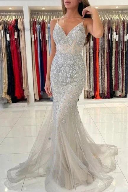 Gorgeous Spaghetti Straps Sleeveless Mermaid Floor-Length Lace Prom Dresses by misshow.com