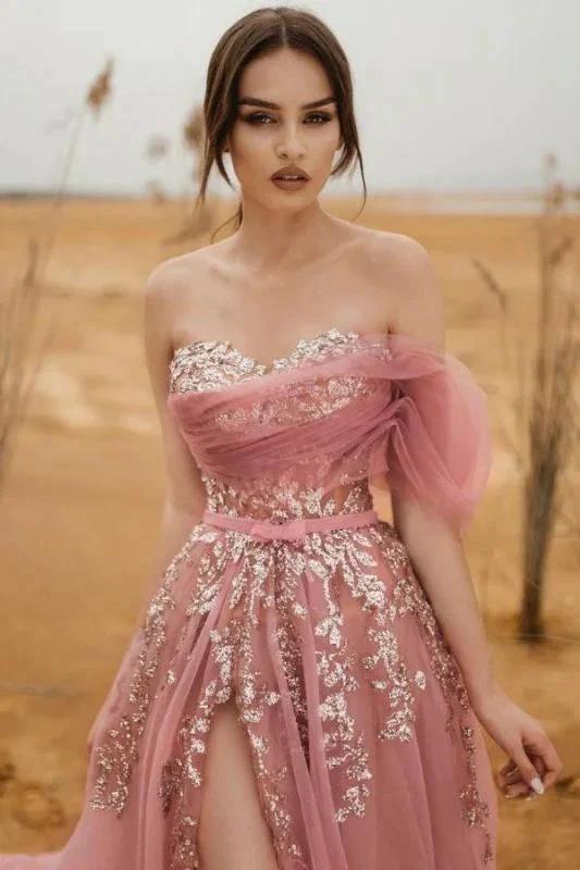 Gorgeous Sweetehart Sequins Appliques Prom Dress Long With Slit by misshow.com
