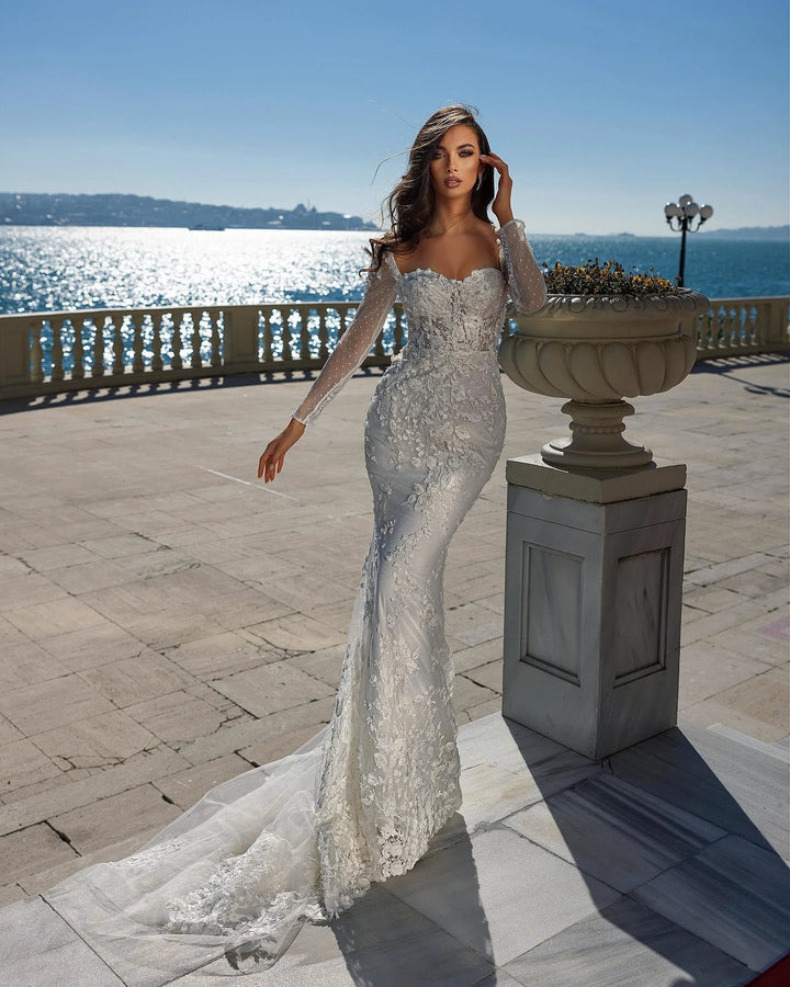 Gorgeous Sweetheart Long Sleeve Lace Mermaid Wedding Dress With Detachable Train by BIZTUNNEL