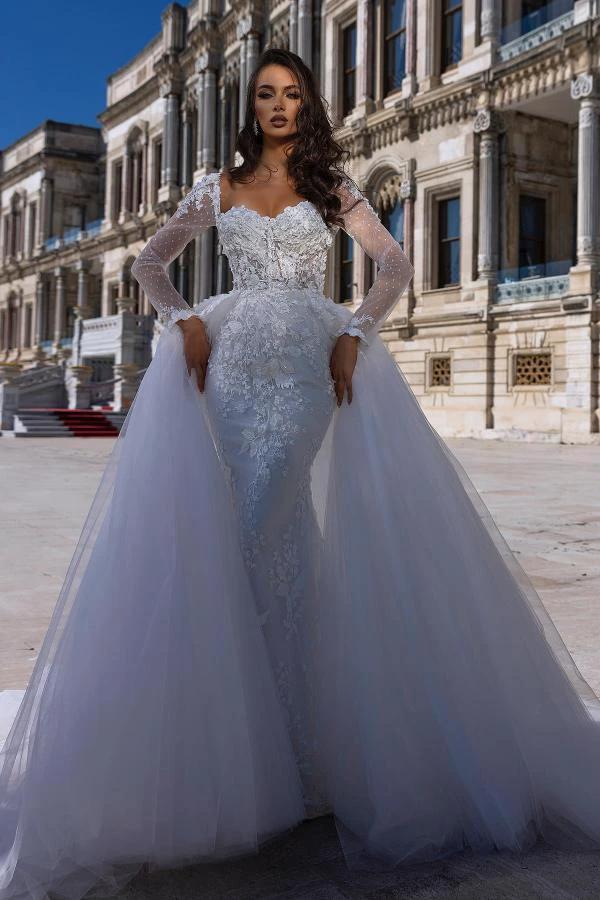 Gorgeous Sweetheart Long Sleeve Lace Mermaid Wedding Dress With Detachable Train by BIZTUNNEL