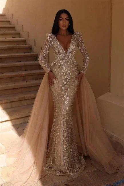 Gorgeous V-Neck Floral Mermaid Long Sleeves Wedding Dress with Detachable Train by misshow.com
