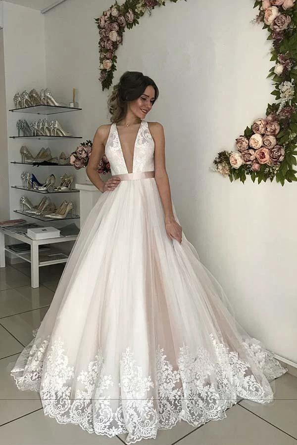 Gorgeous V-Neck Sleeveless Tulle Wedding Dresses Bridal Gowns WD306 by pgmdress