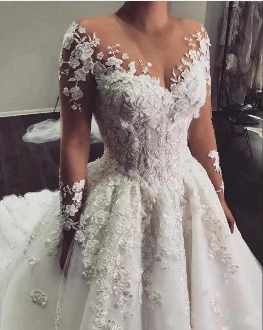 Gorgeous White 3D Floral Lace Wedding Dress Jewel Neck Tulle Aline Bridal Dress with Long Sleeves by misshow.com