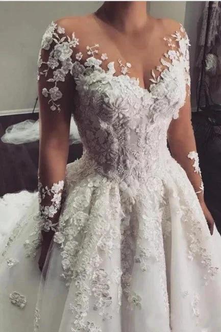 Gorgeous White 3D Floral Lace Wedding Dress Jewel Neck Tulle Aline Bridal Dress with Long Sleeves by misshow.com