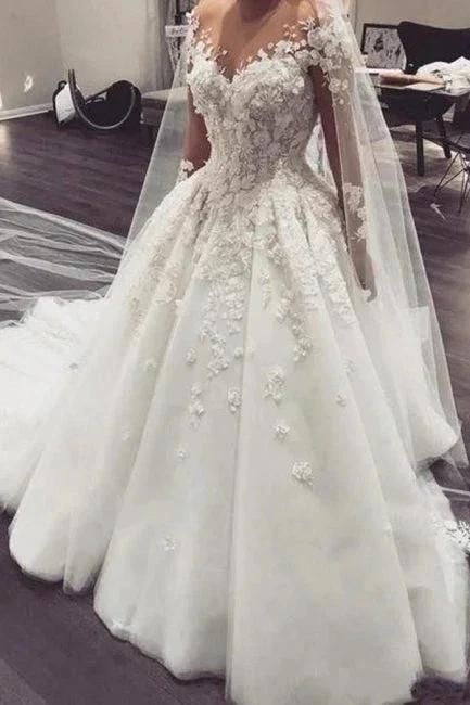 Gorgeous White 3D Floral Lace Wedding Dress Jewel Neck Tulle Aline Bridal Dress with Long Sleeves by misshow.com