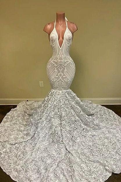 Gorgeous White V-Neck Sleeveless Prom Dress Mermaid Lace Bottom Flowers by misshow.com