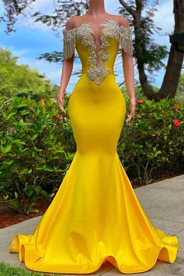 Gorgeous Yellow Long Mermaid Tassel Off the Shoulder Satin Backless Prom Dress with Ruffles by BIZTUNNEL