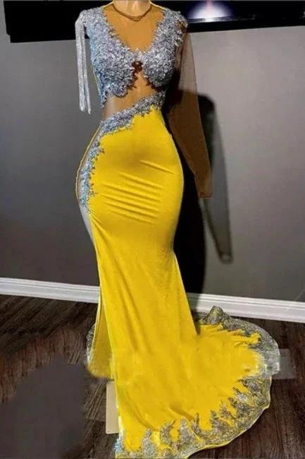 Gorgeous Yellow Tassel Floor Length Long Sleeve Mermaid Prom Dress With Slit by misshow.com