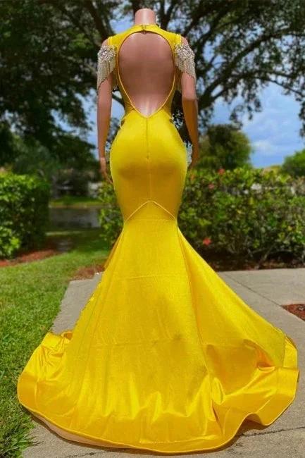 Gorgeous Yellow Tassel Off-The-Shoulder Beading Prom Dress with Ruffles by misshow.com