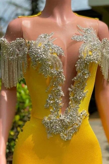 Gorgeous Yellow Tassel Off-The-Shoulder Beading Prom Dress with Ruffles by misshow.com