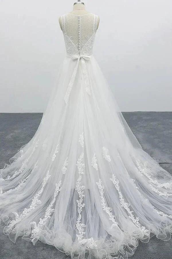 Graceful Long A-line Appliques Tulle Backless Wedding Dress by BIZTUNNEL