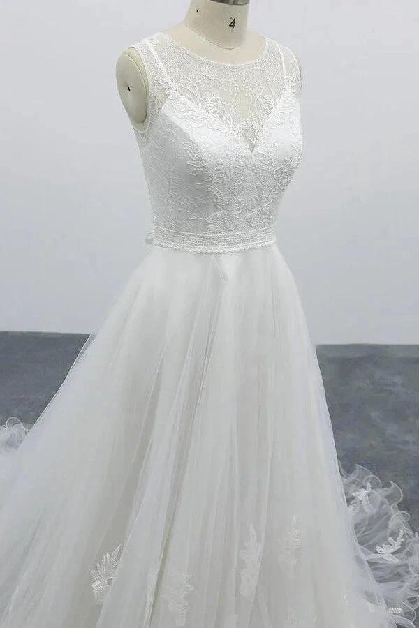 Graceful Long A-line Appliques Tulle Backless Wedding Dress by BIZTUNNEL