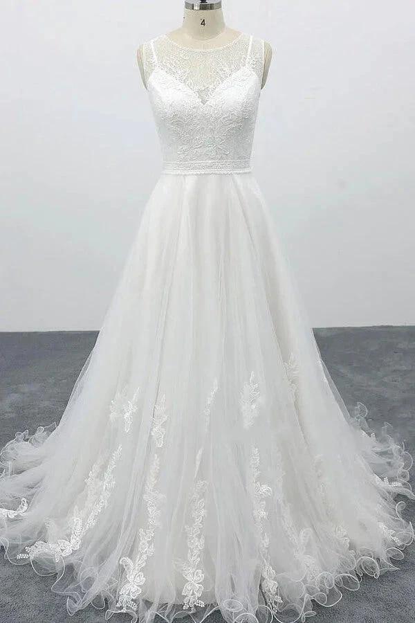 Graceful Long A-line Appliques Tulle Backless Wedding Dress by BIZTUNNEL