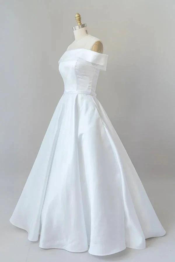 Graceful Long Ball Gown Off Shoulder Satin Wedding Dress by BIZTUNNEL