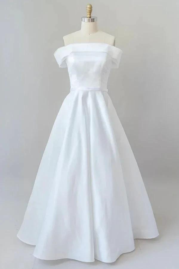 Graceful Long Ball Gown Off Shoulder Satin Wedding Dress by BIZTUNNEL