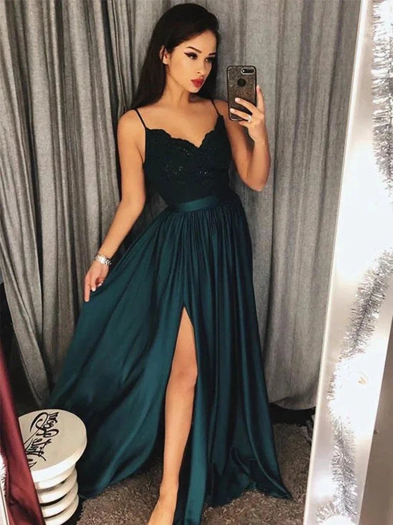 Green Long A-line V-neck Open Back Chiffon Prom Dress with slit by BIZTUNNEL