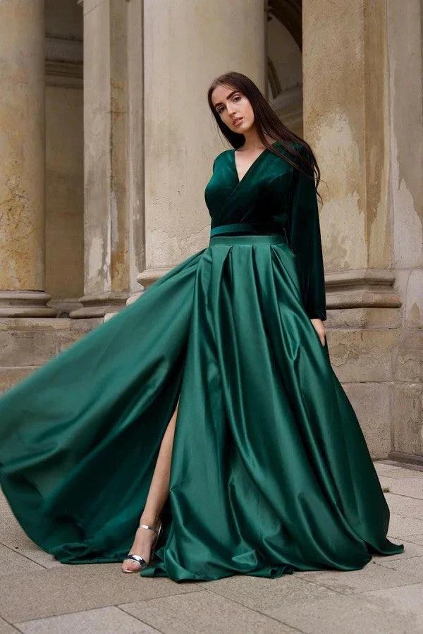 Green Long Sleeves A-line V-neck Velvet Prom Dress with Slit by BIZTUNNEL