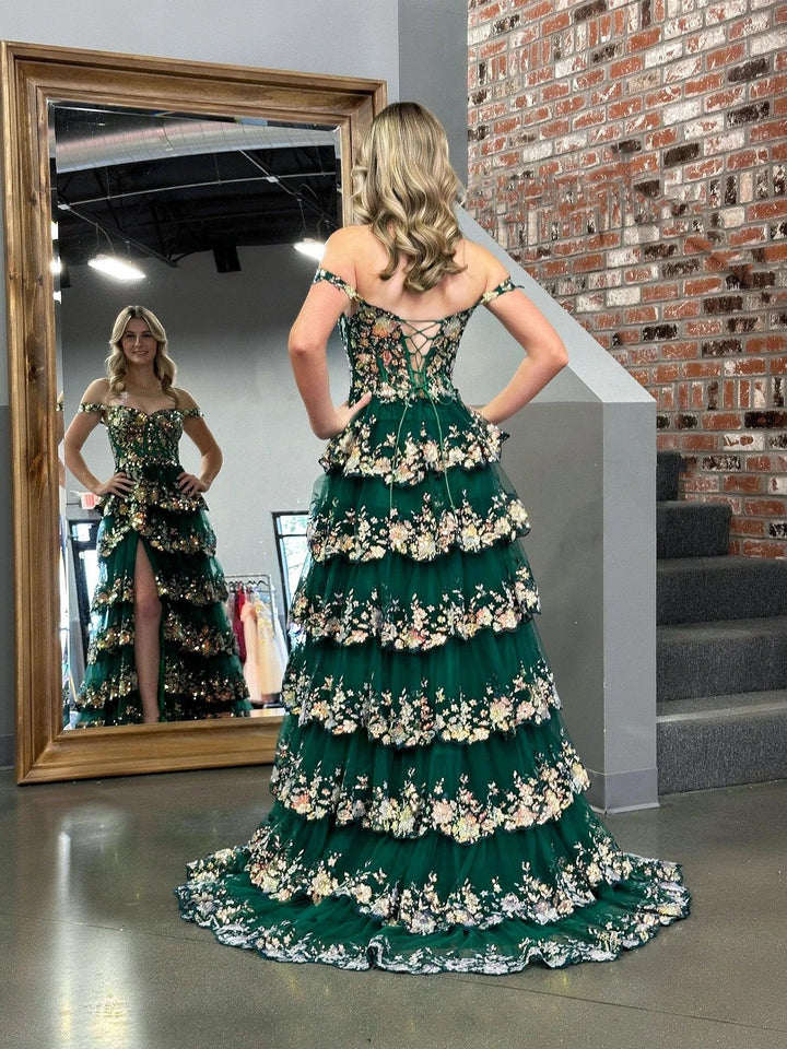 Princess A Line Off the Shoulder Corset Prom Dress with Lace Ruffles by KissProm