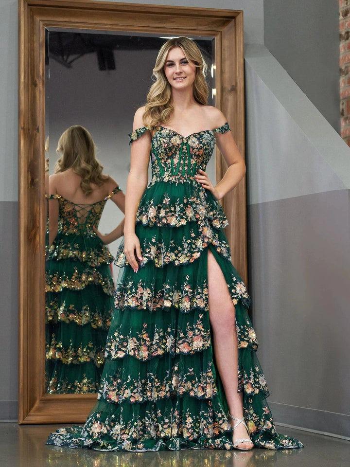Princess A Line Off the Shoulder Corset Prom Dress with Lace Ruffles by KissProm
