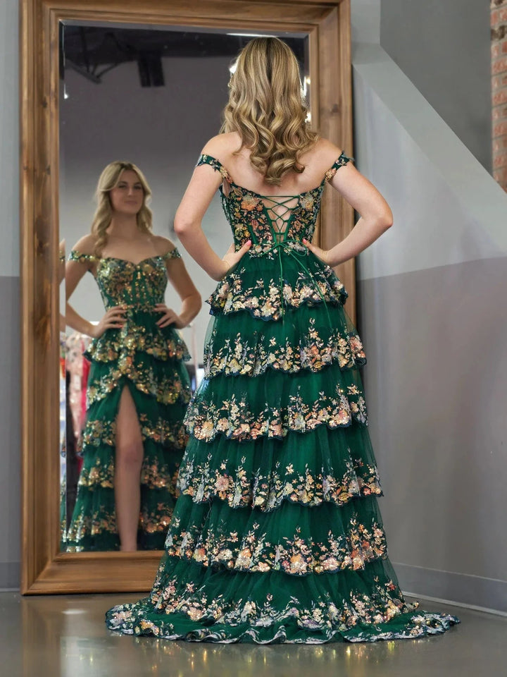 Princess A Line Off the Shoulder Corset Prom Dress with Lace Ruffles by KissProm