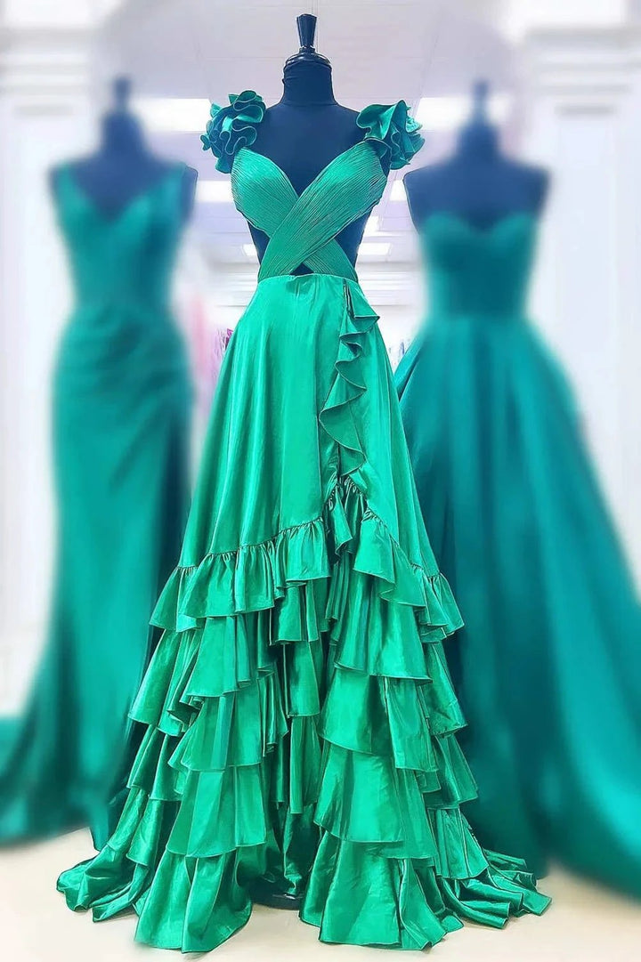 Brittany | Red Cutout Ruffle A-Line Long Prom Dress with Slit by KissProm