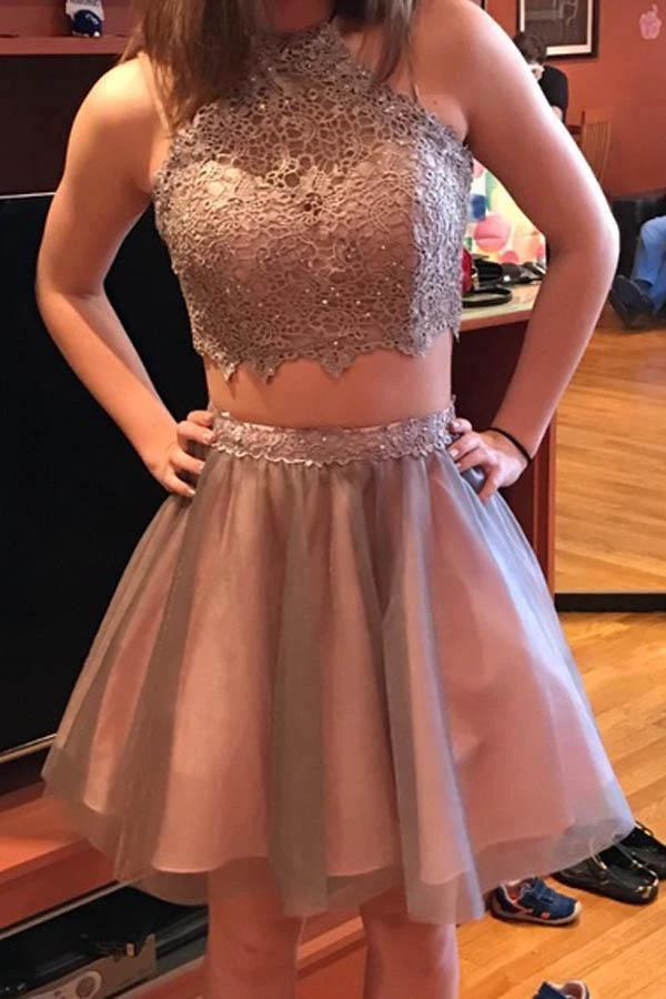 Grey Short Two Piece Halter Homecoming Party Dress with Lace PD295 by pgmdress