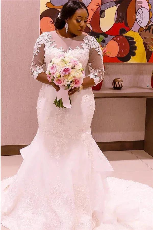 Half Sleeve Scoop Mermaid s Sheer Tulle New Wedding Dress by misshow.com