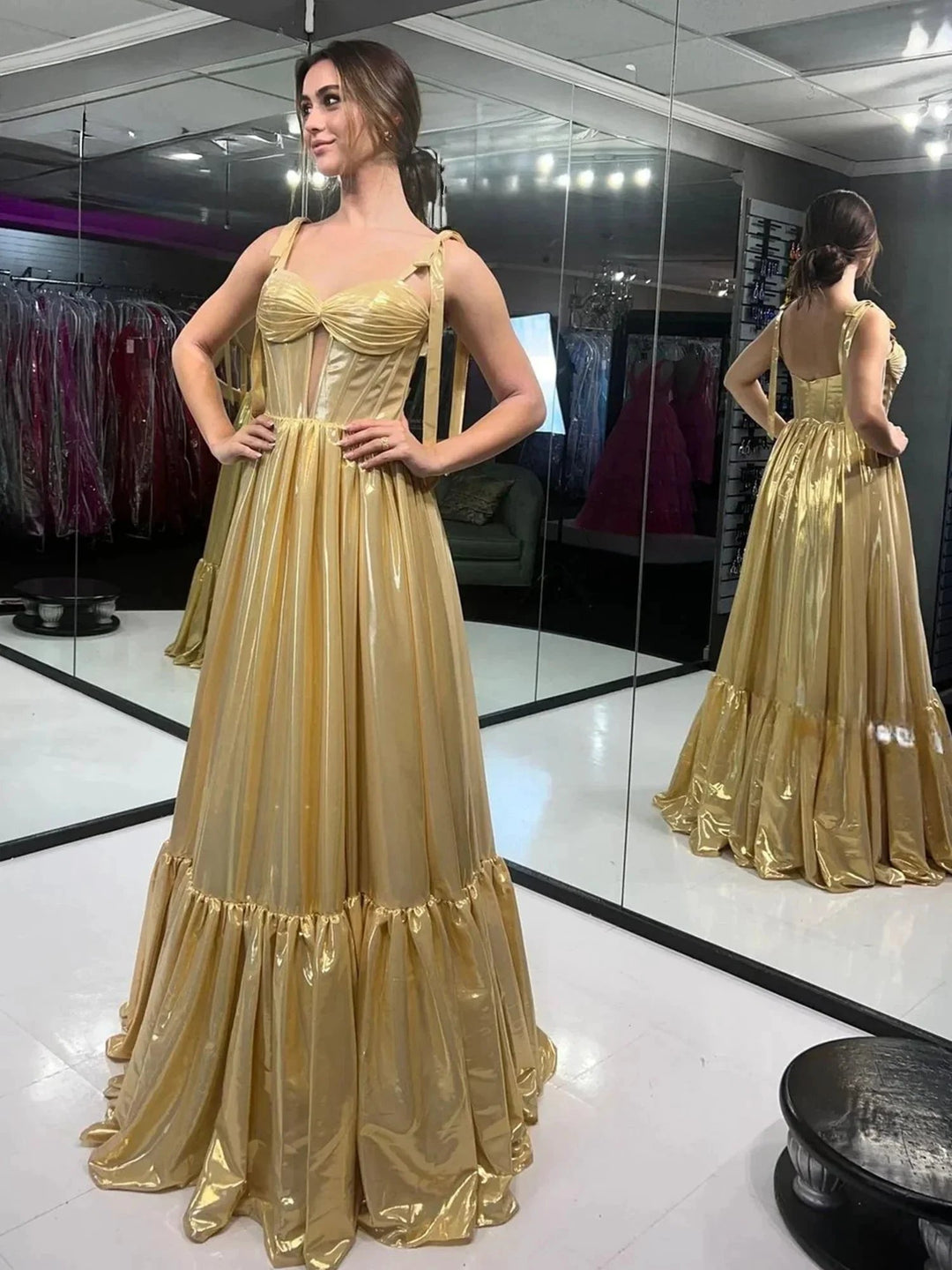 Halston | Bow Straps Gold Metallic A-line Long Formal Dress by KissProm