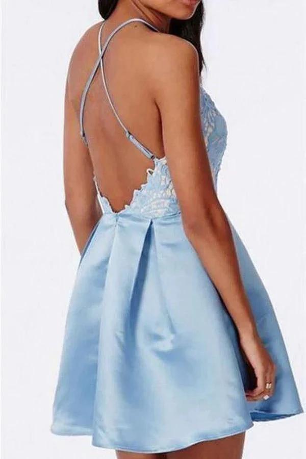 Halter Backless Lace Satin Blue Homecoming Dresses Short Prom Dress PD270 by pgmdress