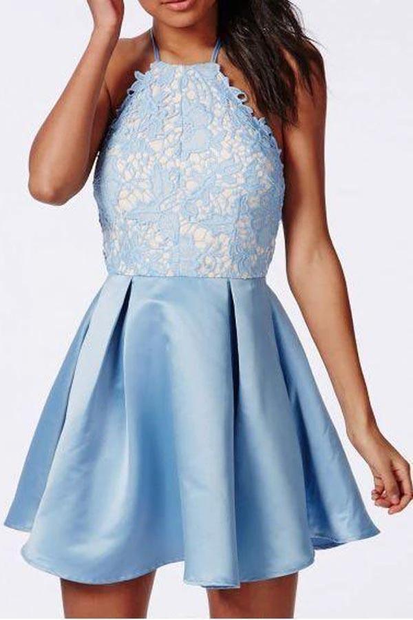 Halter Backless Lace Satin Blue Homecoming Dresses Short Prom Dress PD270 by pgmdress