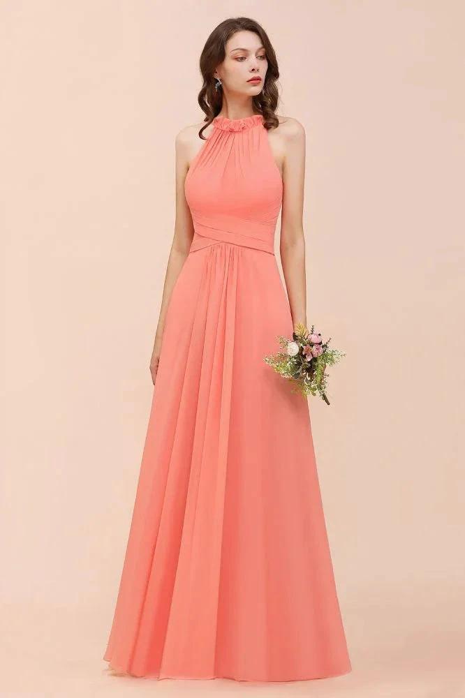 halter Beach Bridesmaid Dress Girls Coral Floor Length Wedding Party Dress by misshow.com