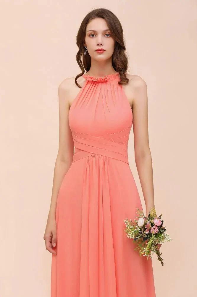 halter Beach Bridesmaid Dress Girls Coral Floor Length Wedding Party Dress by misshow.com
