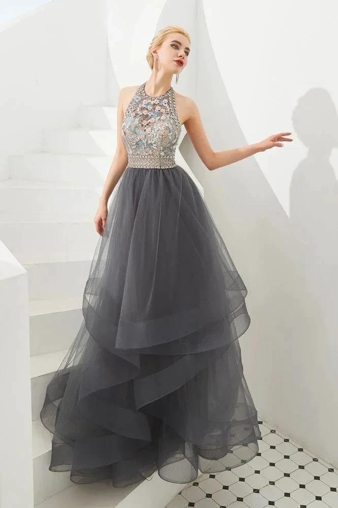 Halter Beadings Aline Tulle Layers Prom Dress Sleeveless Evening Dress by misshow.com