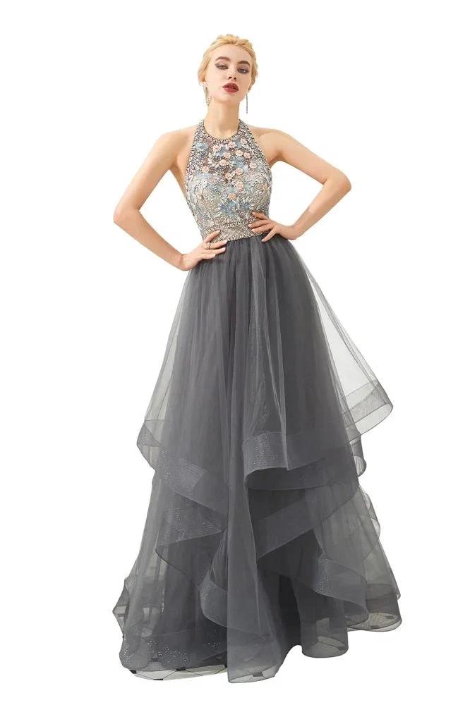 Halter Beadings Aline Tulle Layers Prom Dress Sleeveless Evening Dress by misshow.com