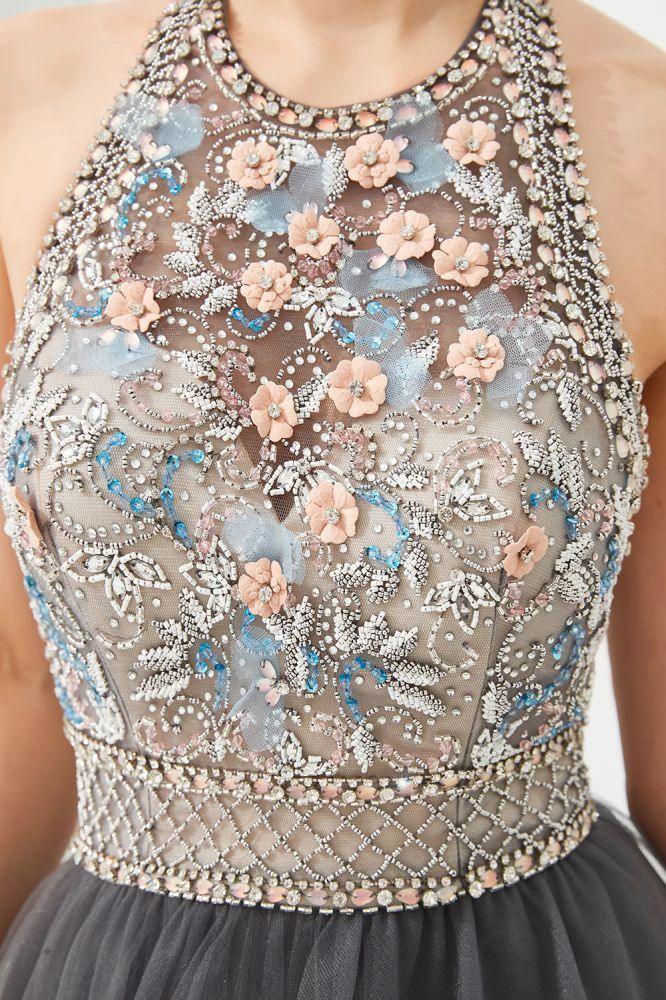 Halter Beadings Aline Tulle Layers Prom Dress Sleeveless Evening Dress by misshow.com