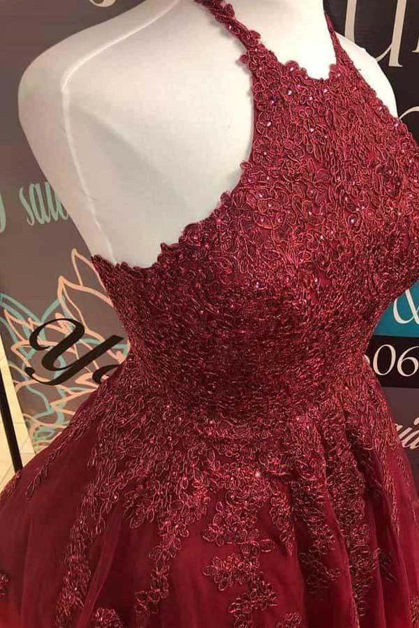 Halter Burgundy Lace A-Line Cute Backless Homecoming Dress PD373 by pgmdress