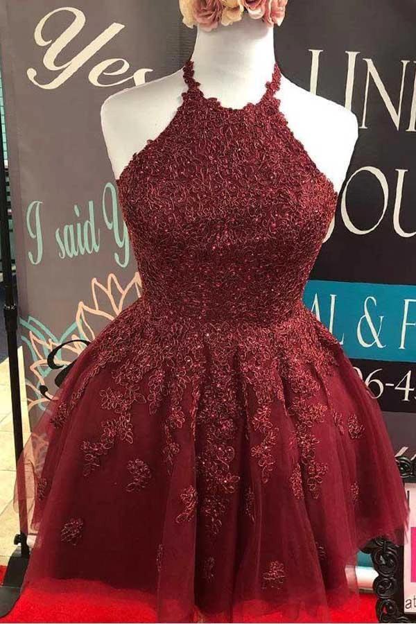 Halter Burgundy Lace A-Line Cute Backless Homecoming Dress PD373 by pgmdress