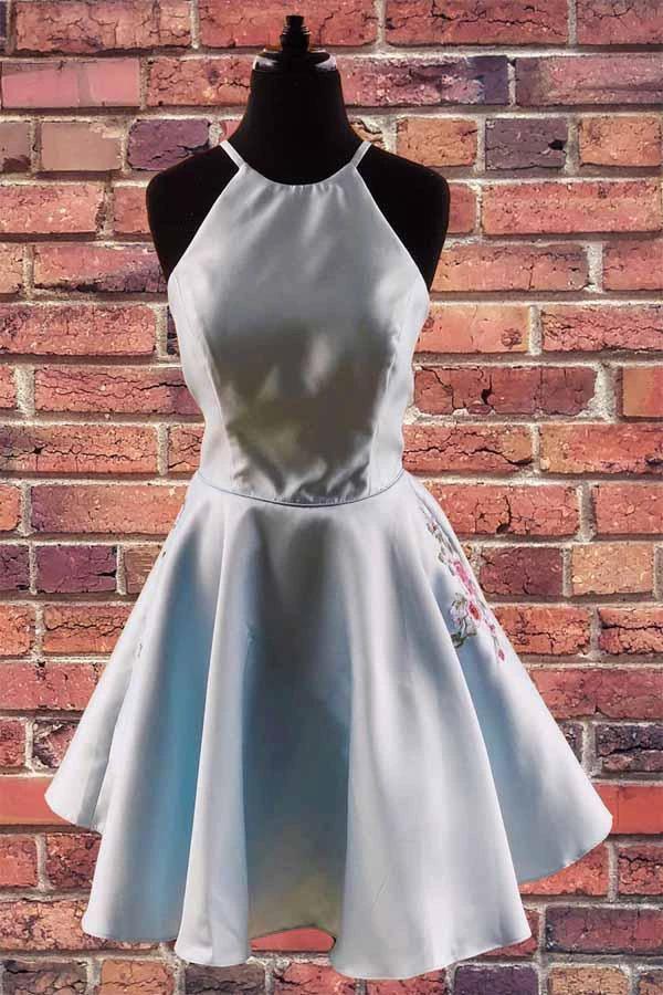 Halter Embroidered Yellow Satin Homecoming Dress with Pockets PD324 by pgmdress