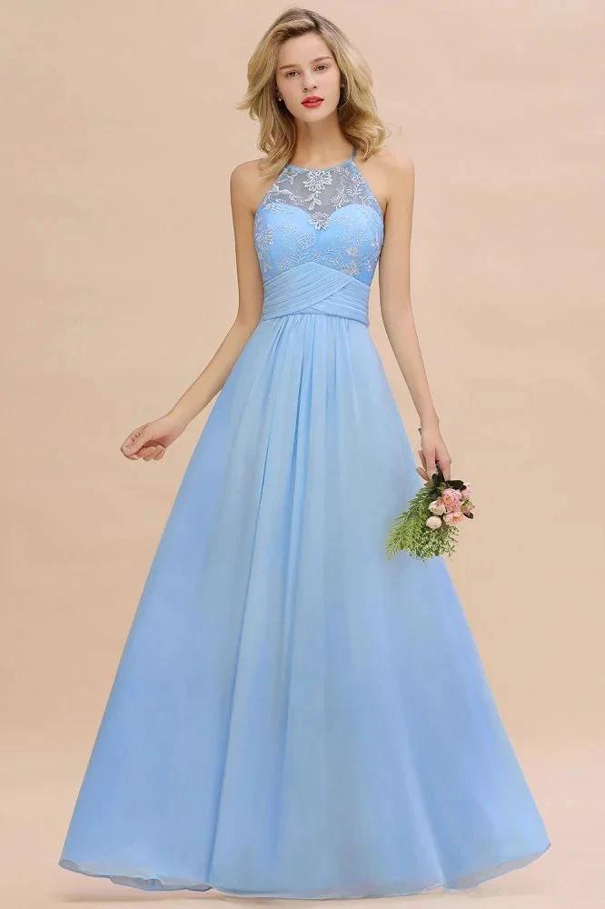 Halter Floral lace aline Chiffon Bridesmaid Dress Sleeveless Ruffle Wedding Guest Dress by misshow.com