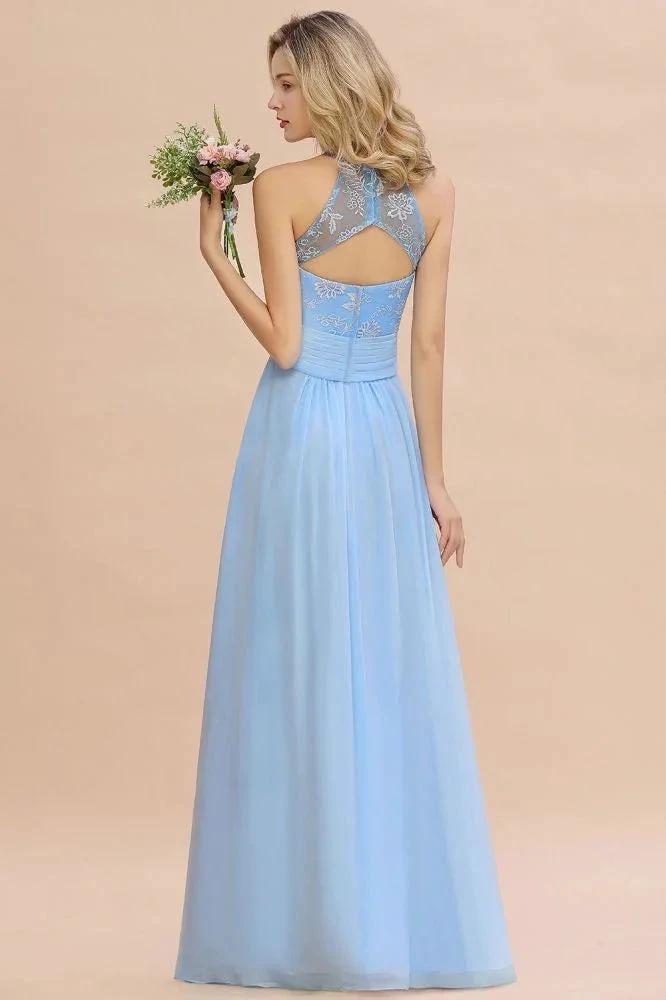 Halter Floral lace aline Chiffon Bridesmaid Dress Sleeveless Ruffle Wedding Guest Dress by misshow.com