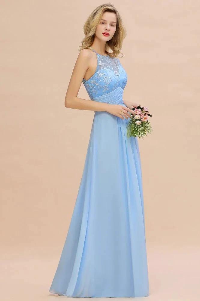 Halter Floral lace aline Chiffon Bridesmaid Dress Sleeveless Ruffle Wedding Guest Dress by misshow.com