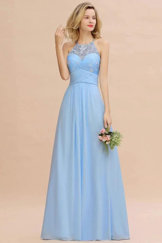Halter Floral lace aline Chiffon Bridesmaid Dress Sleeveless Ruffle Wedding Guest Dress by misshow.com