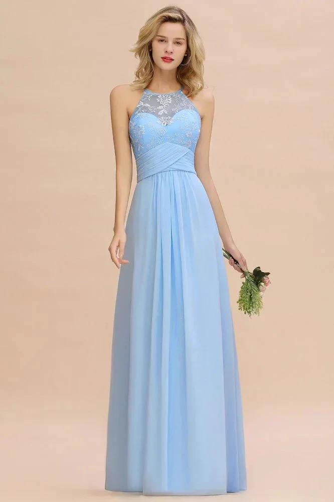 Halter Floral lace aline Chiffon Bridesmaid Dress Sleeveless Ruffle Wedding Guest Dress by misshow.com